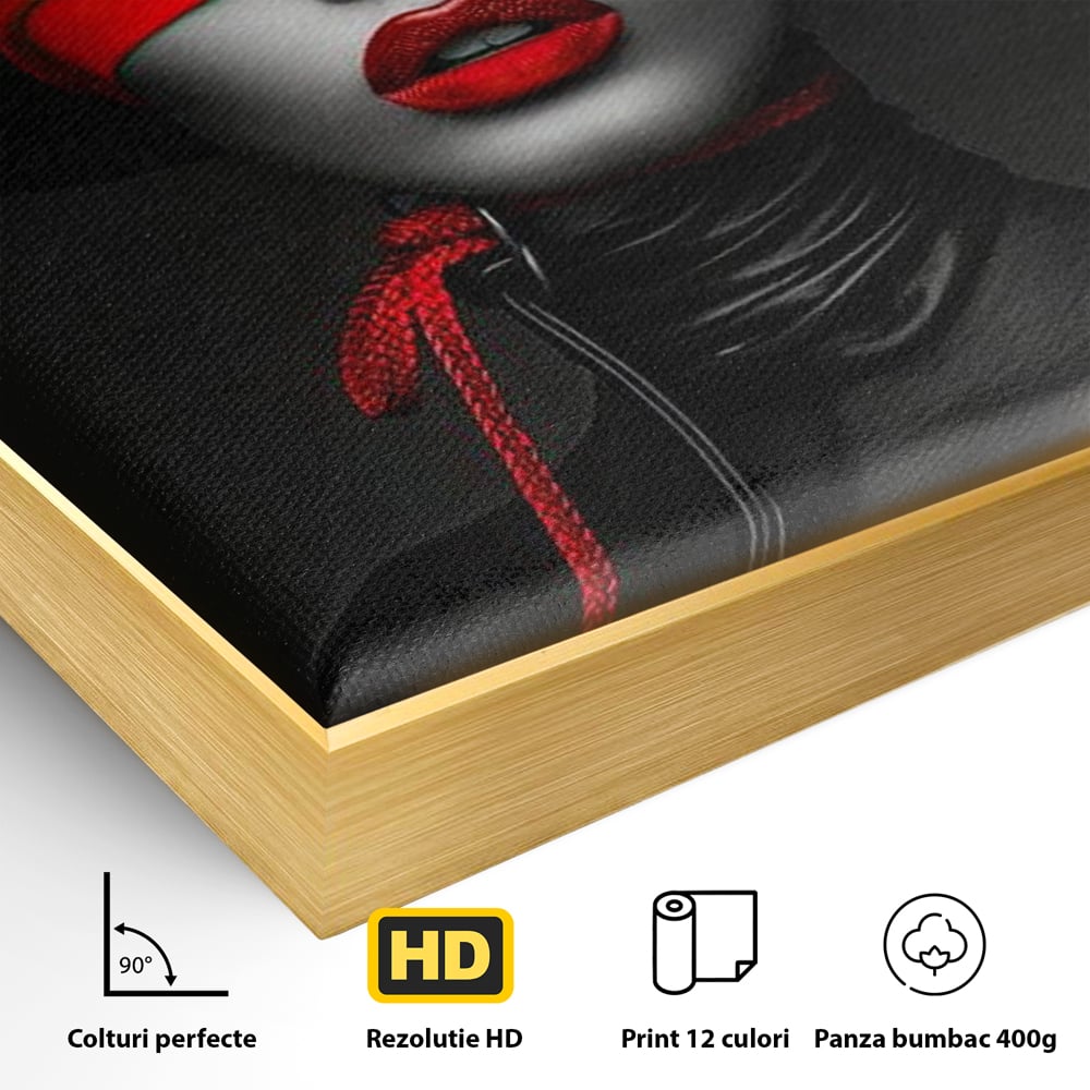 Detaliu al suprafetei: tablou canvas cu femeie si voal rosu, in rama de aluminiu auriu